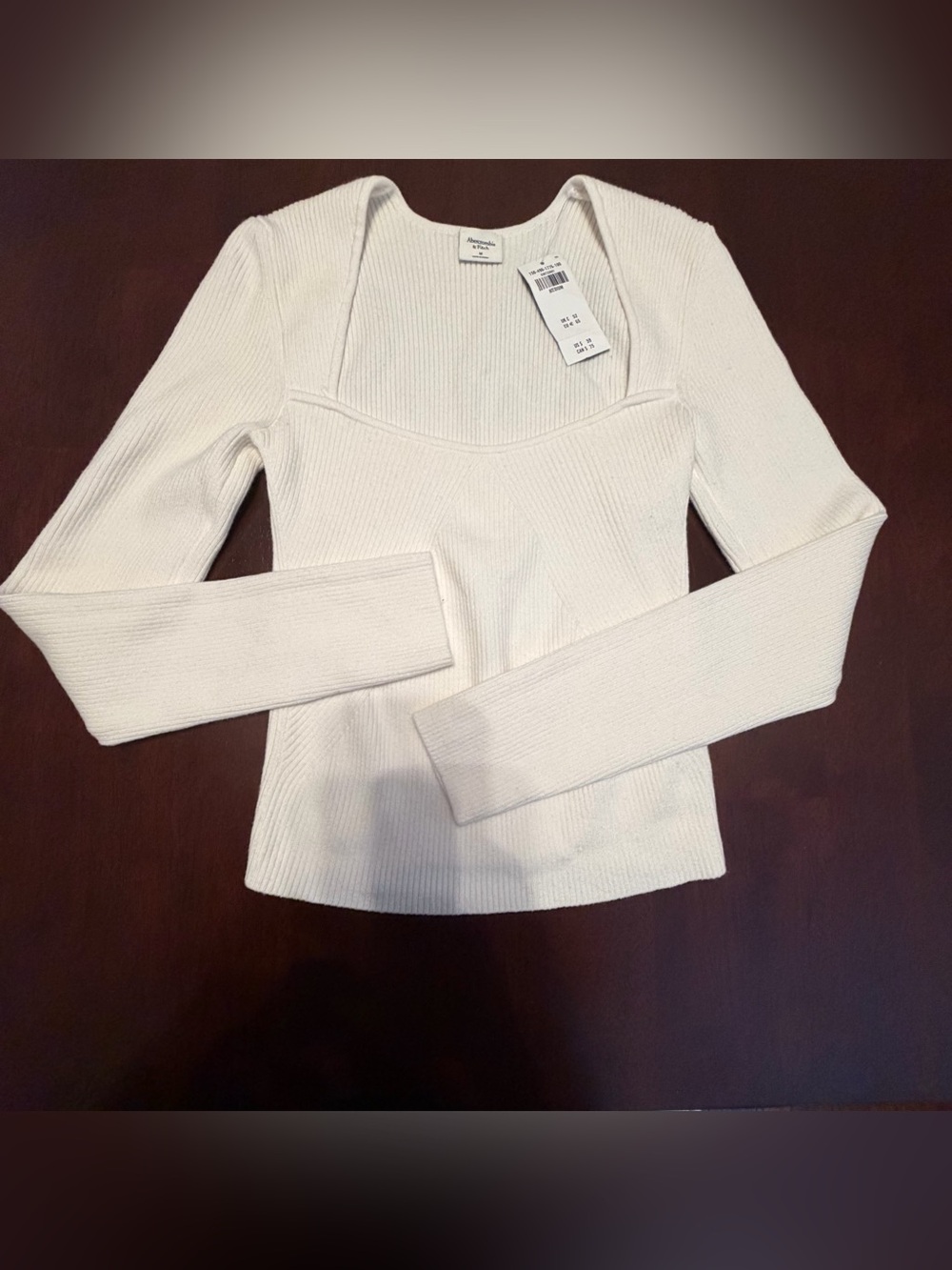 Abercrombie & Fitch White Ribbed Square Neck Long Sleeve‎ Top
